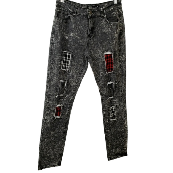 ROMA STUDIO | GINGHAM CHECKERED PATCHWORK BLACK WASHED DENIM JEANS SIZE MEDIUM - Picture 3 of 15
